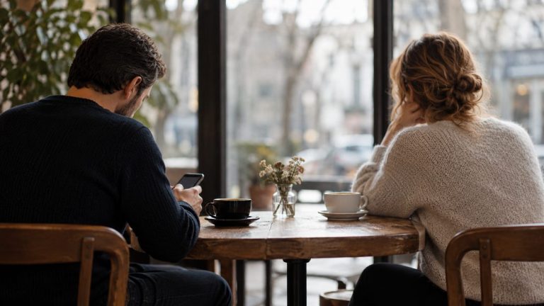 Pareja sentada en una cafetería, cada uno mirando hacia otro lado